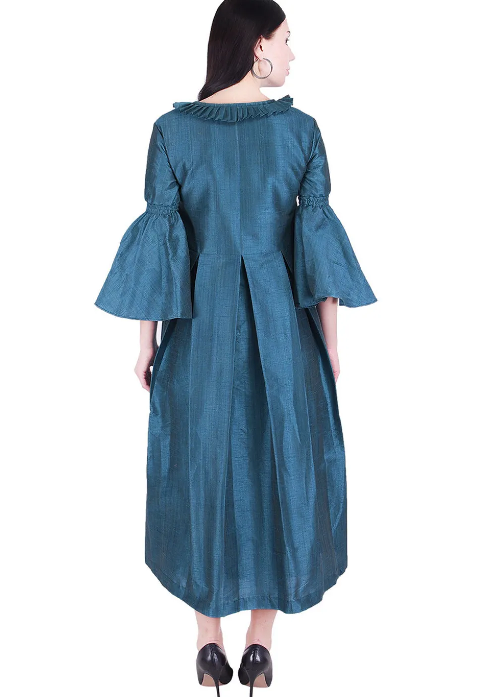 Solid Color Art Silk Pleated Dress in Teal Blue