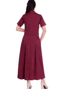 Solid Color Art Silk Pleated Dress in Maroon