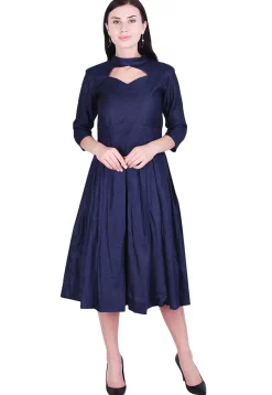 Solid Color Art Silk Pleated Dress in Navy Blue