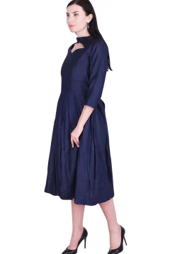 Solid Color Art Silk Pleated Dress in Navy Blue