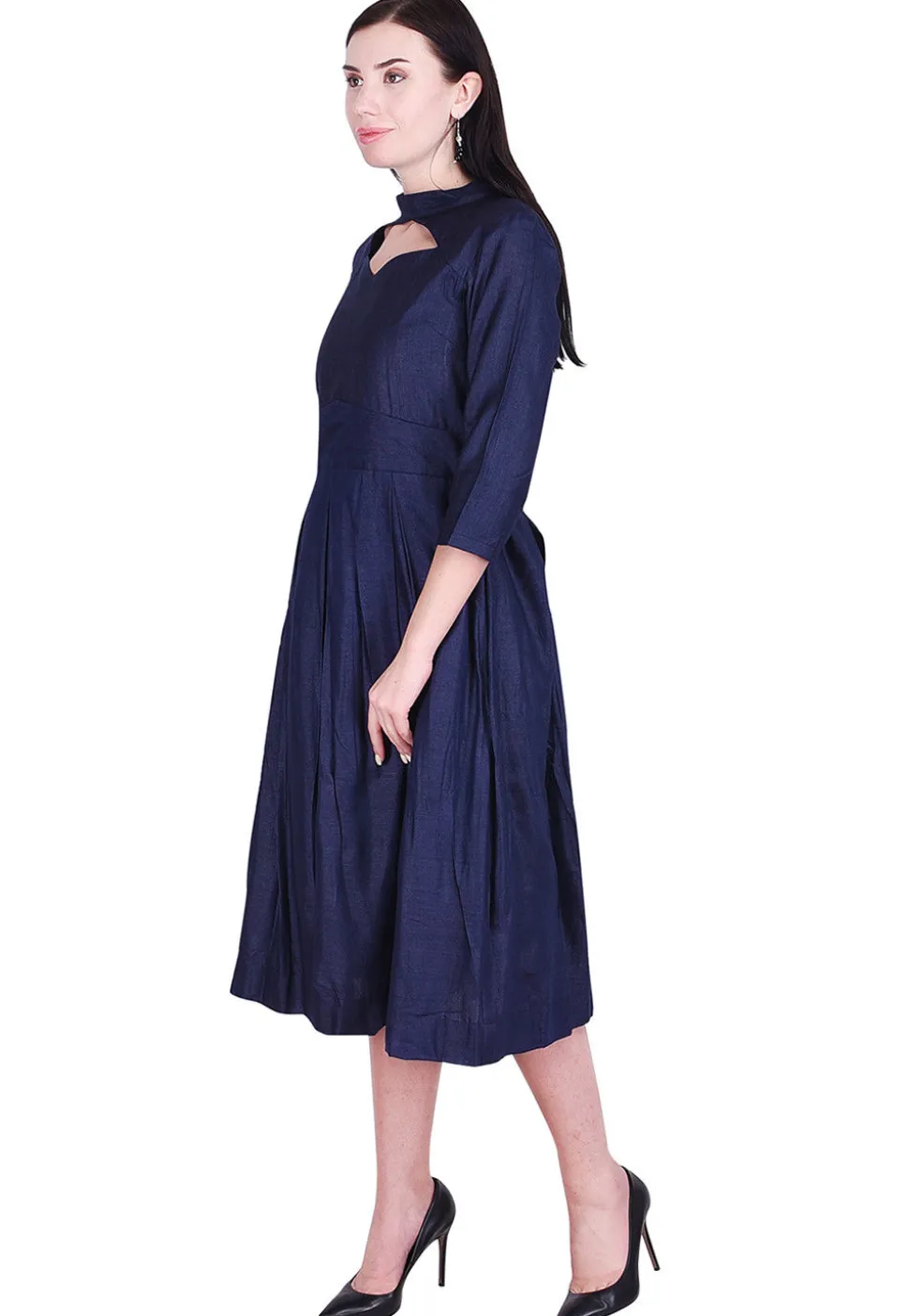 Solid Color Art Silk Pleated Dress in Navy Blue