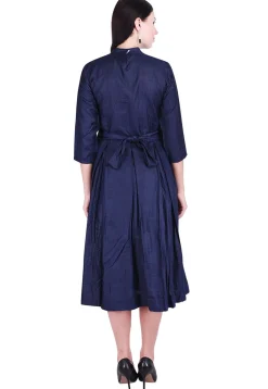 Solid Color Art Silk Pleated Dress in Navy Blue