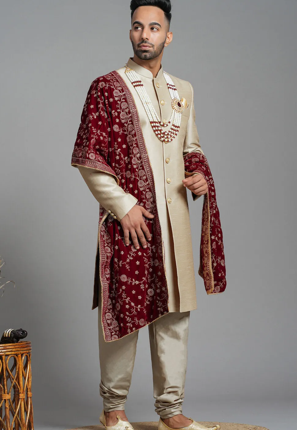 Solid Color Art Silk Sherwani in Fawn
