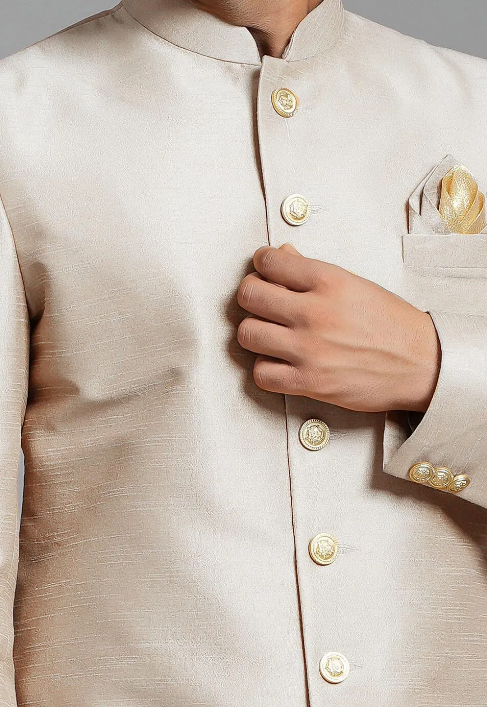 Solid Color Art Silk Sherwani in Fawn