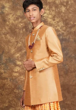 Solid Color Art Silk Sherwani in Beige