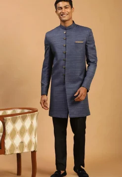 Solid Color Art Silk Sherwani in Navy Blue