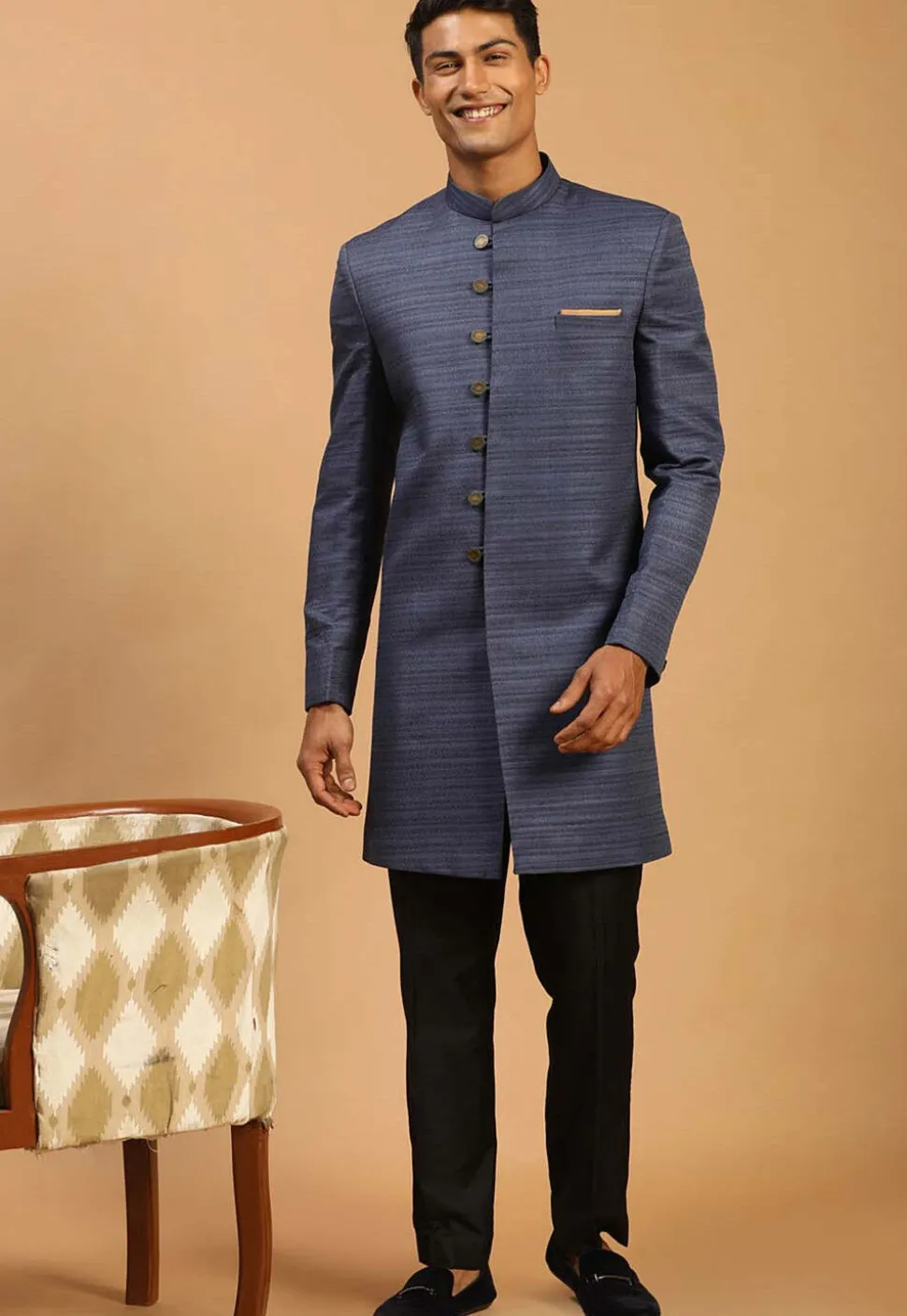Solid Color Art Silk Sherwani in Navy Blue
