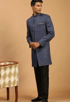 Solid Color Art Silk Sherwani in Navy Blue