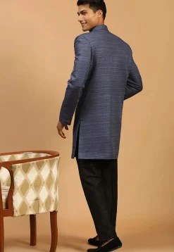 Solid Color Art Silk Sherwani in Navy Blue