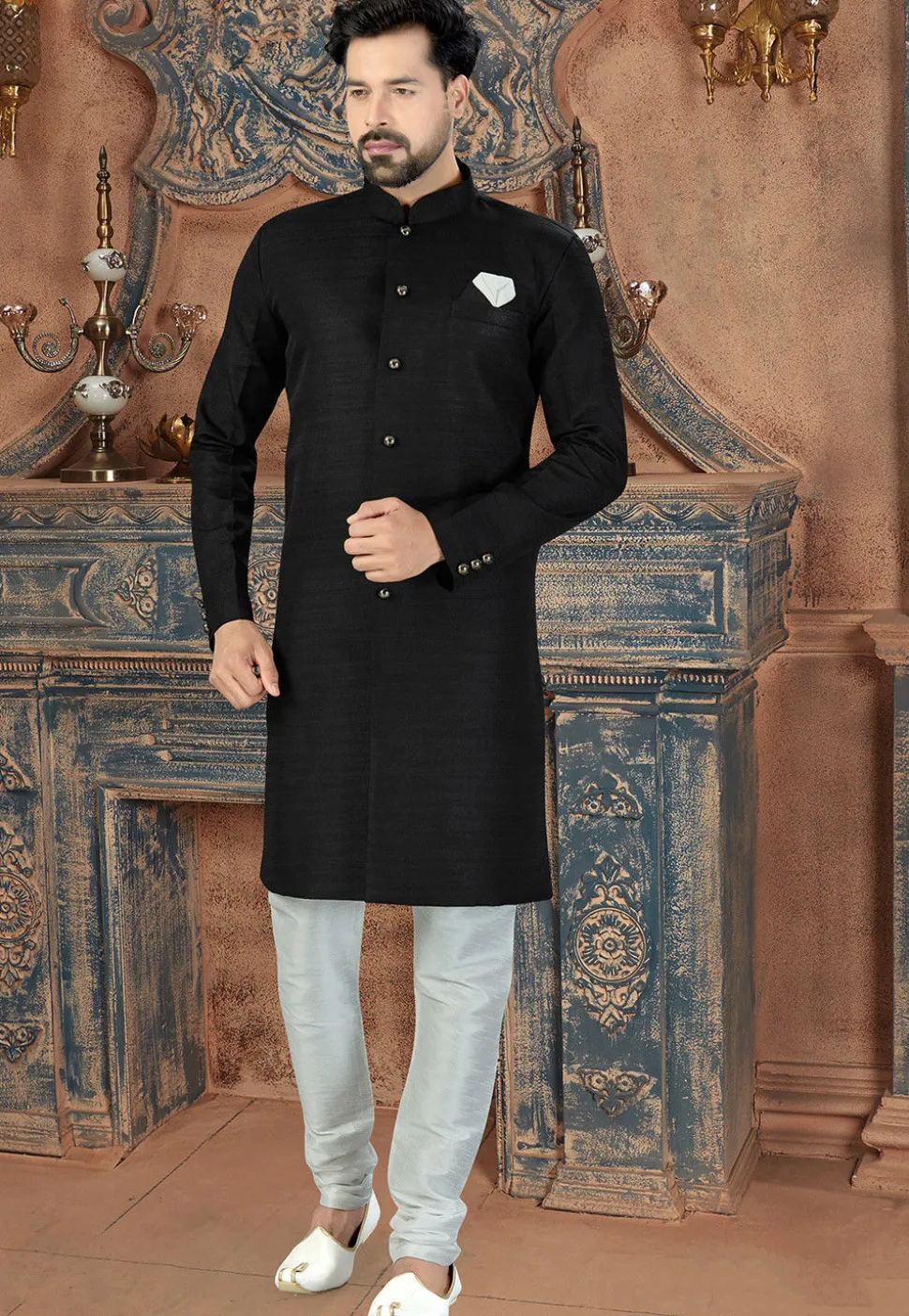 Solid Color Art Silk Sherwani in Black