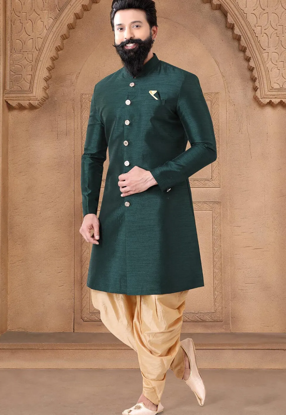 Solid Color Art Silk Sherwani in Green