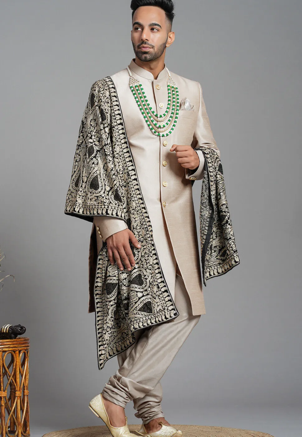 Solid Color Art Silk Sherwani in Fawn