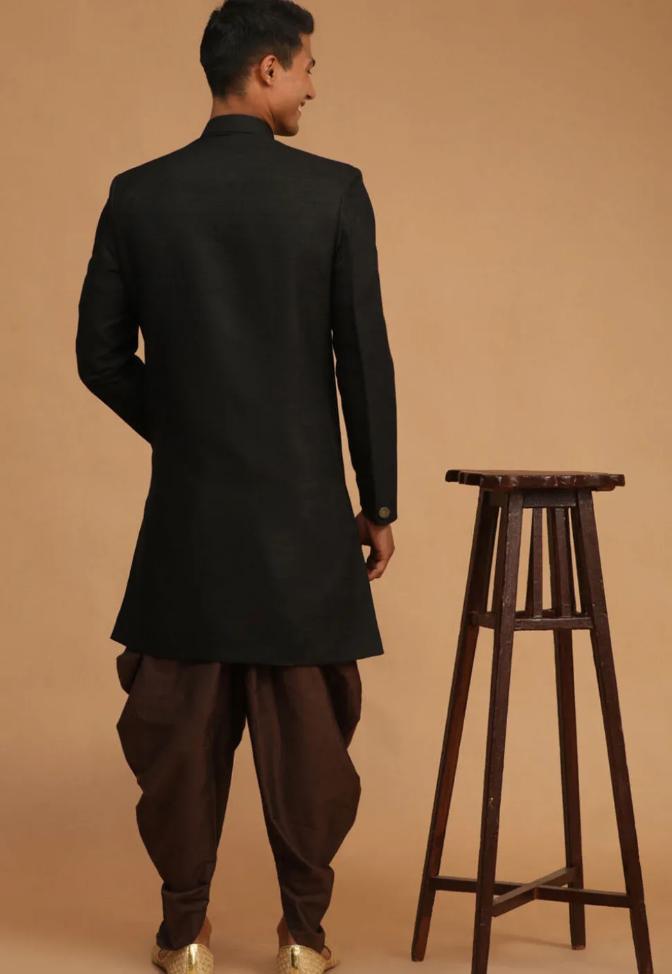 Solid Color Art Silk Sherwani in Black