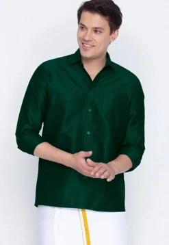Solid Color Art Silk Shirt in Dark Green