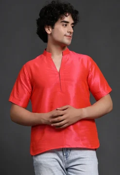 Solid Color Art Silk Short Kurta in Peach