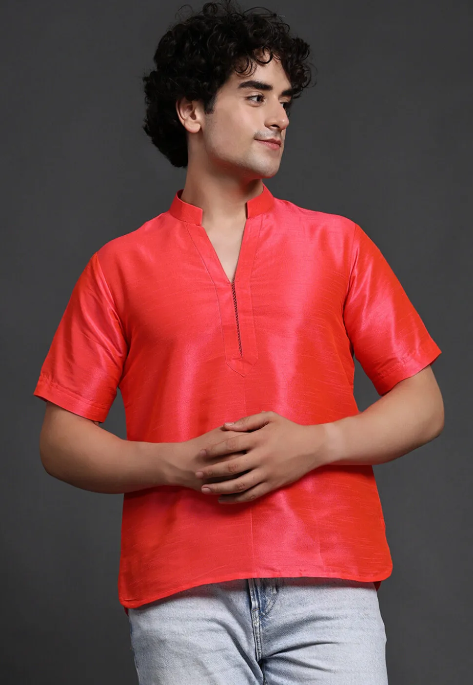 Solid Color Art Silk Short Kurta in Peach