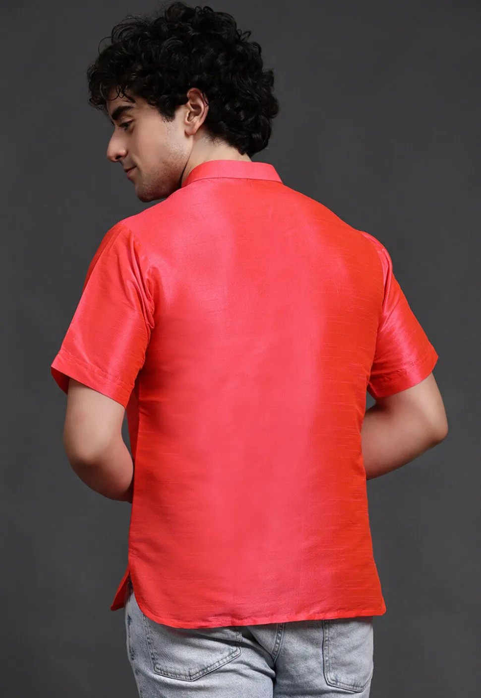 Solid Color Art Silk Short Kurta in Peach