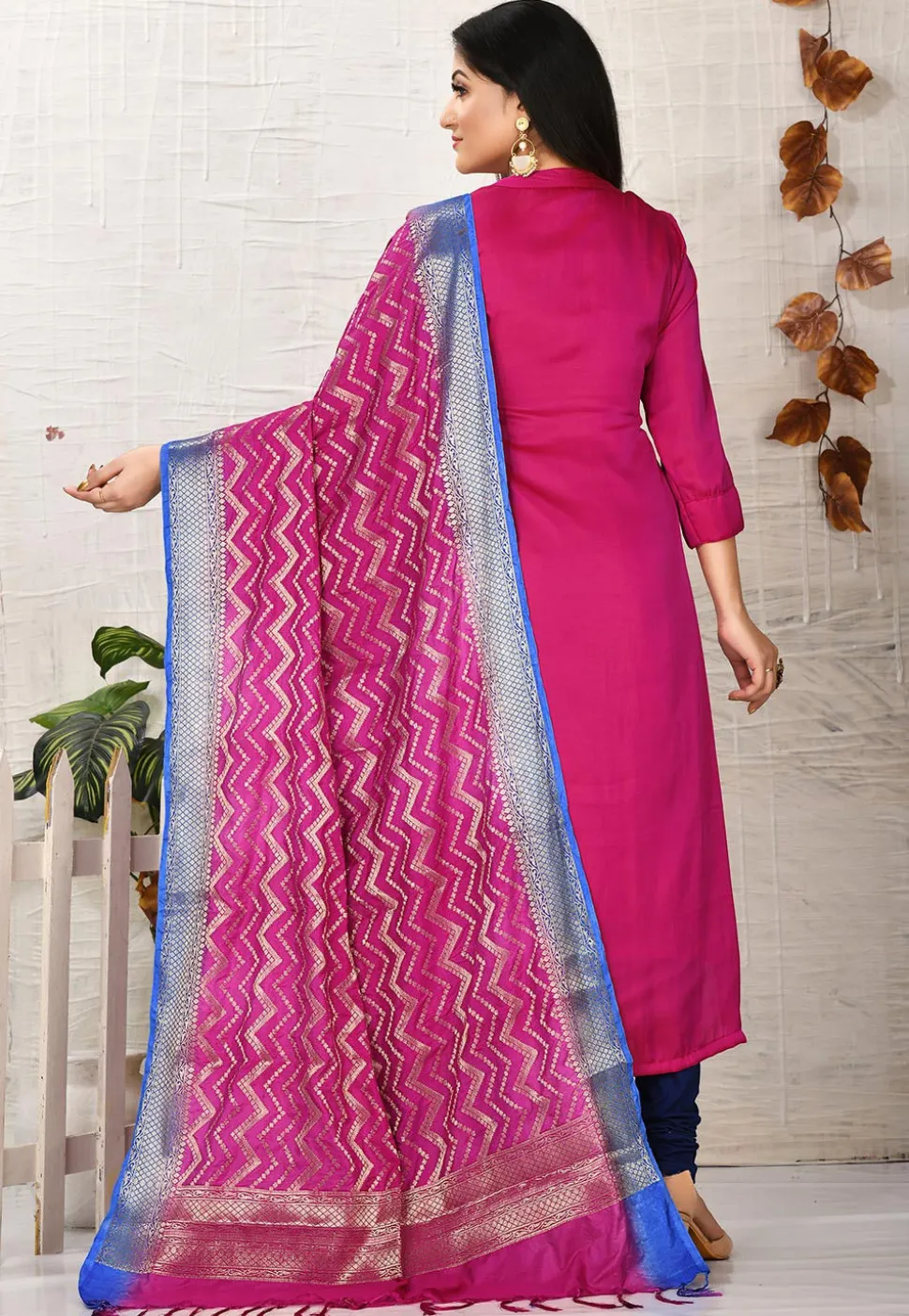 Solid Color Art Silk Straight Suit in Fuchsia