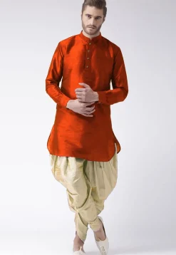 Solid Color Art Silk Straight Dhoti Kurta in Orange