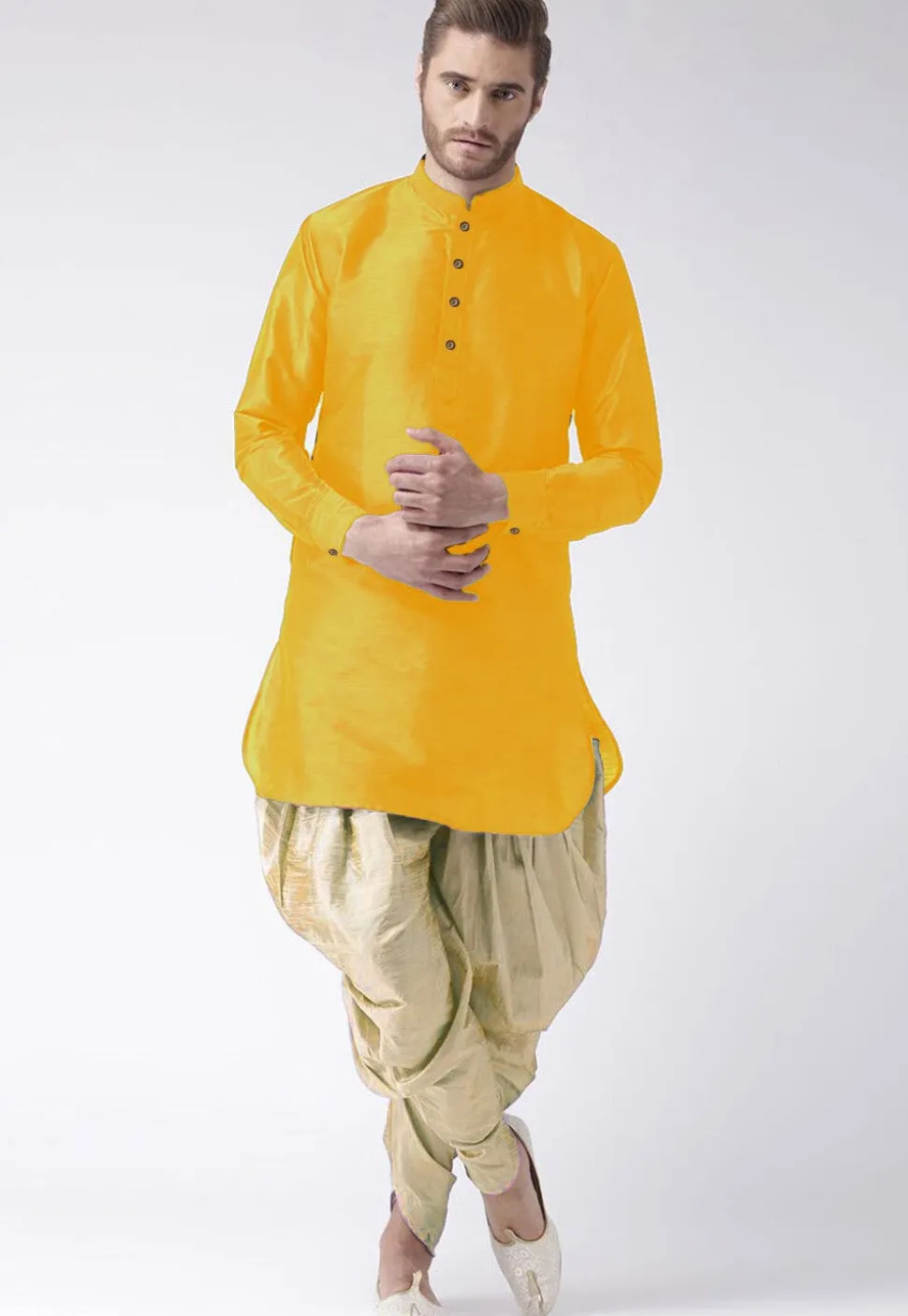 Solid Color Art Silk Straight Dhoti Kurta in Yellow