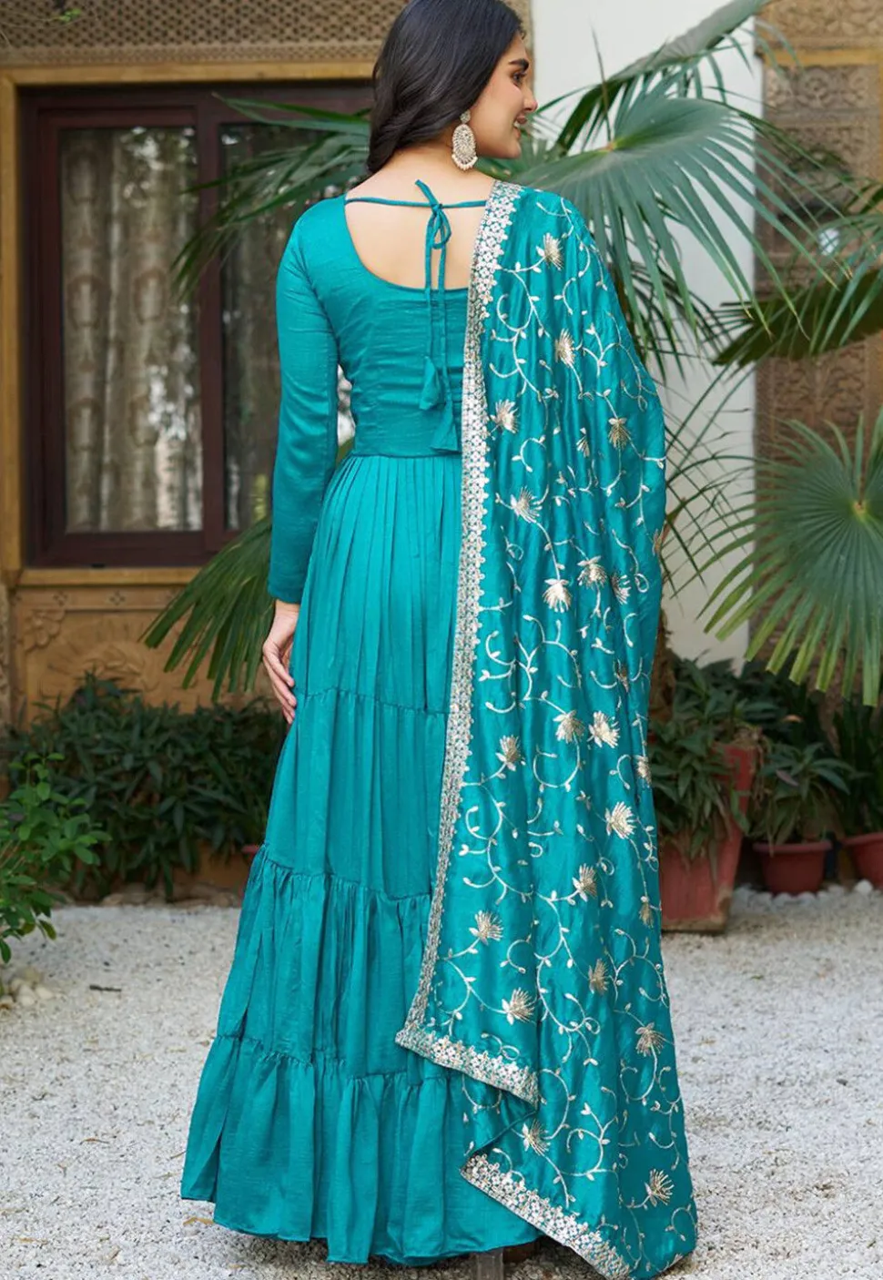 Solid Color Art Silk Tiered Abaya Style Suit in Teal Blue