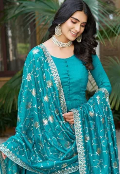 Solid Color Art Silk Tiered Abaya Style Suit in Teal Blue