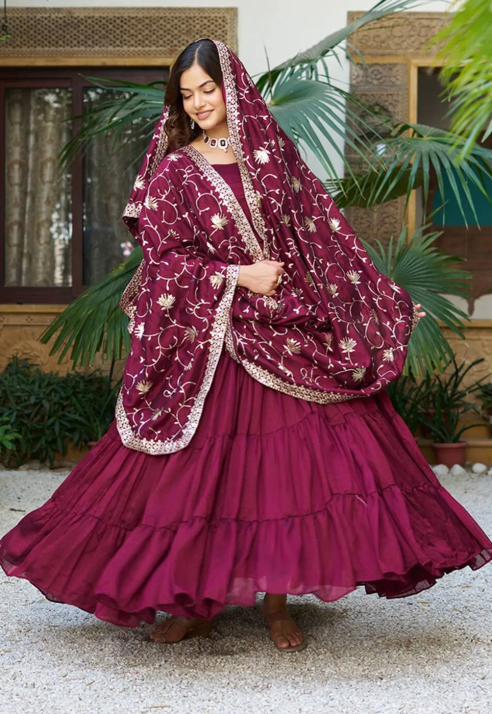 Solid Color Art Silk Tiered Abaya Style Suit in Magenta