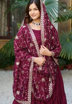 Solid Color Art Silk Tiered Abaya Style Suit in Magenta
