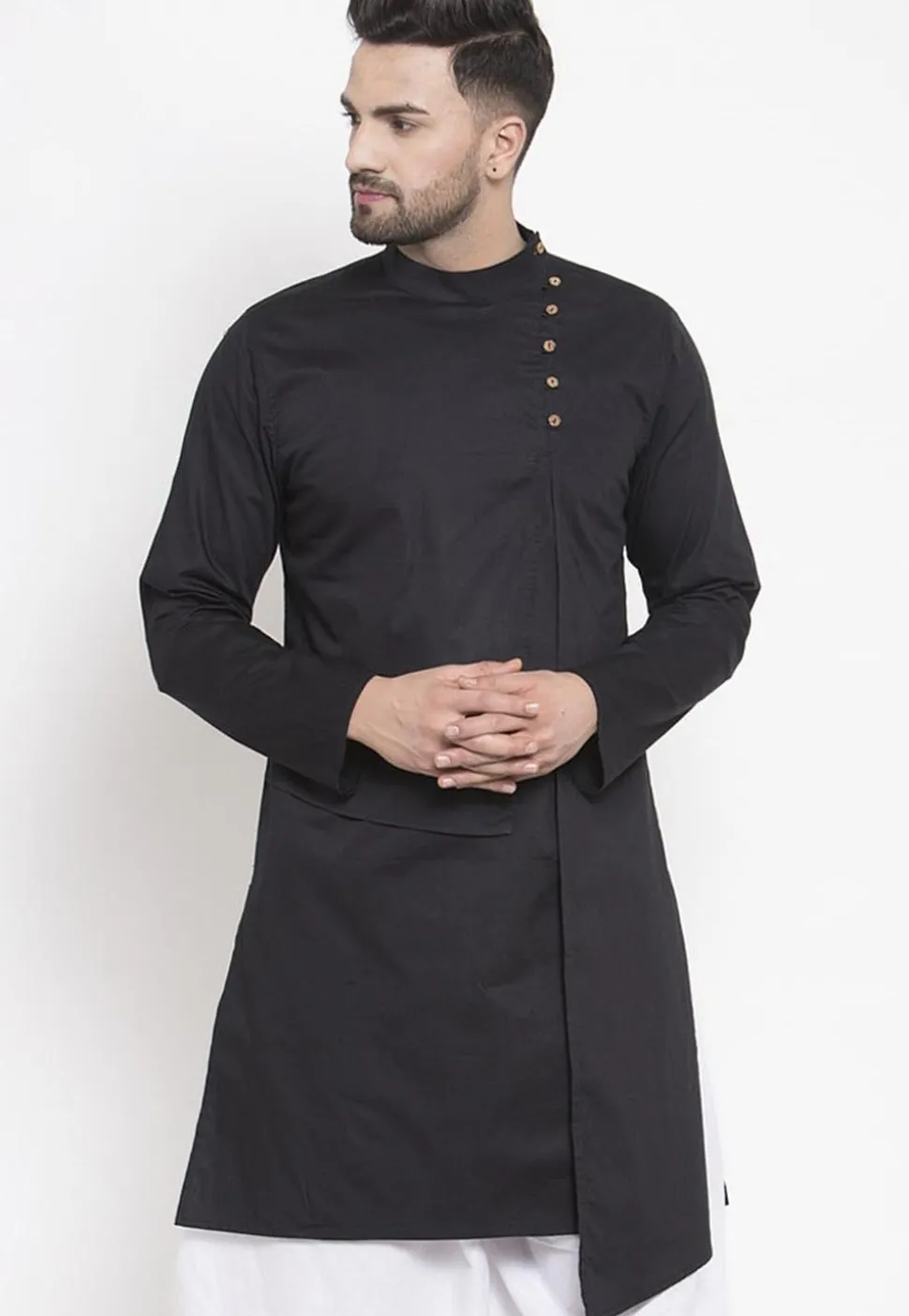 Solid Color Asymmetric Cotton Kurta in Black