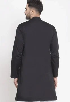 Solid Color Asymmetric Cotton Kurta in Black