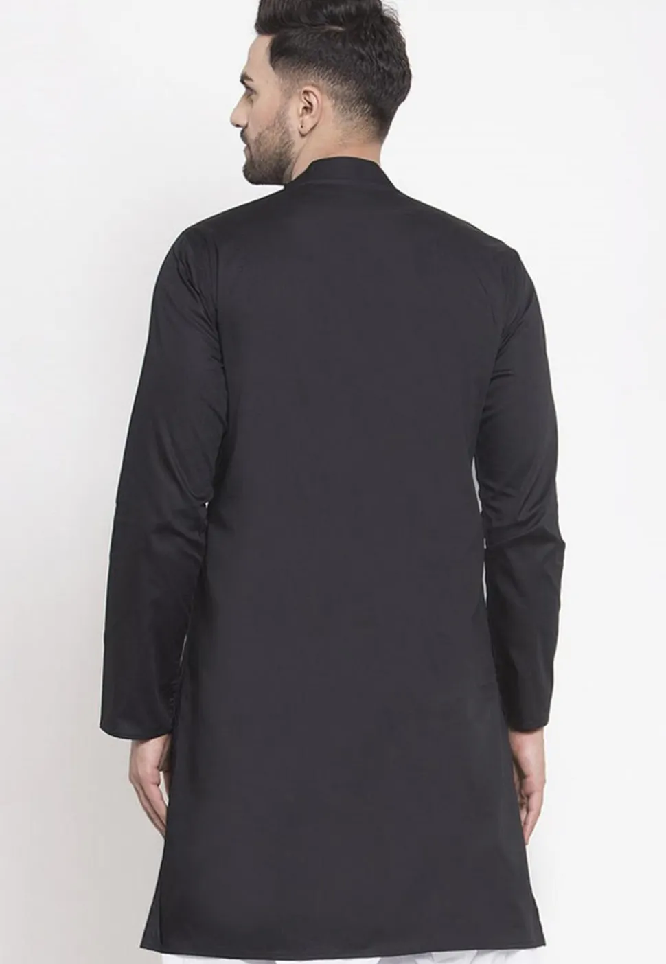Solid Color Asymmetric Cotton Kurta in Black