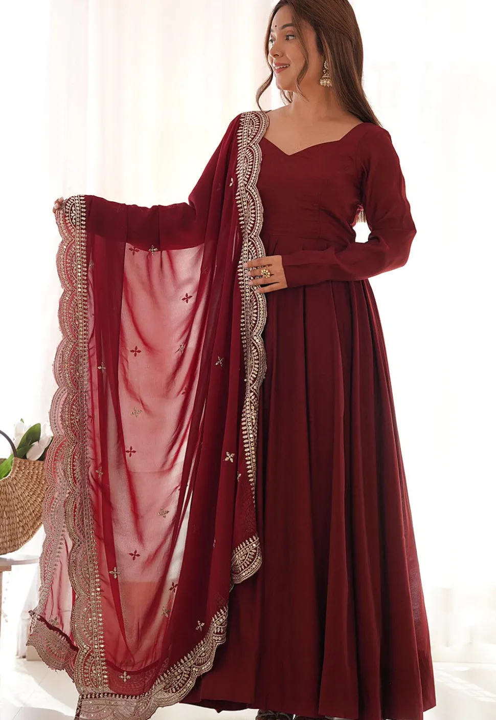 Solid Color Chanderi Silk Abaya Style Suit in Maroon
