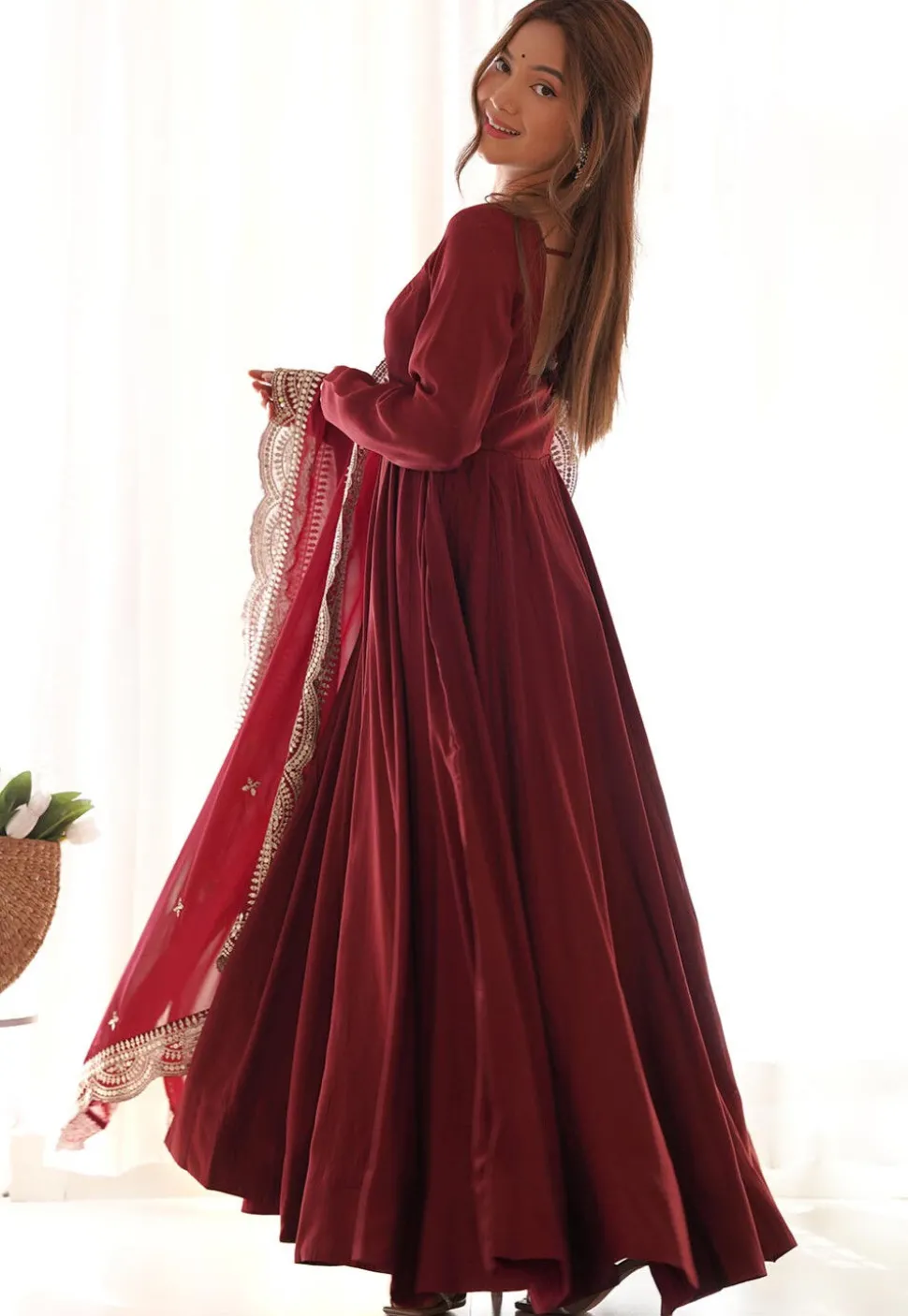 Solid Color Chanderi Silk Abaya Style Suit in Maroon