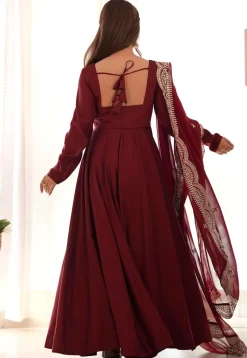 Solid Color Chanderi Silk Abaya Style Suit in Maroon