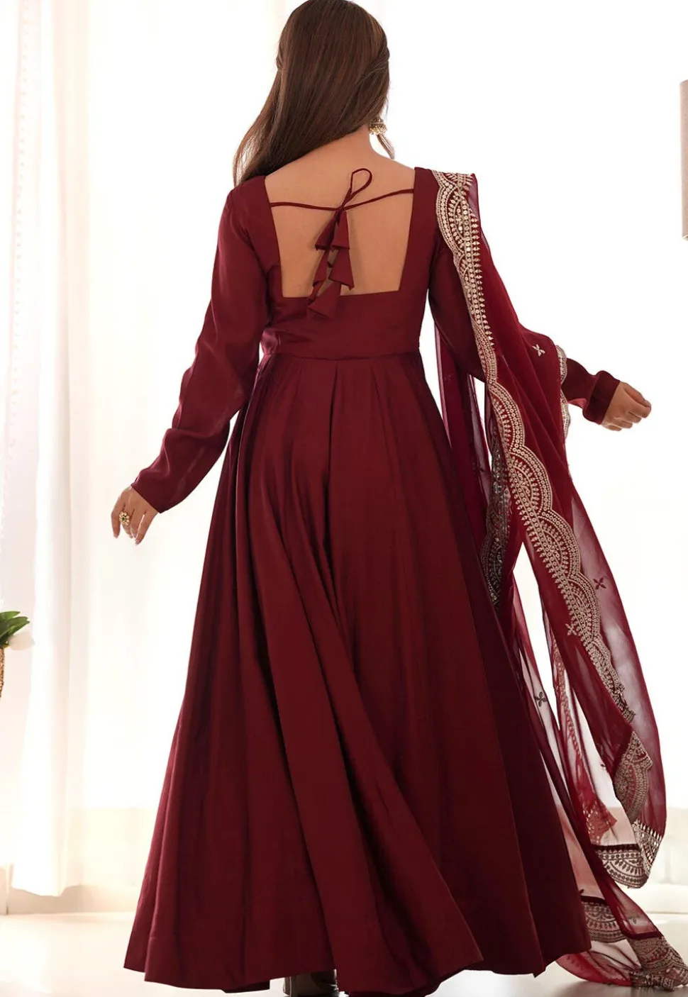 Solid Color Chanderi Silk Abaya Style Suit in Maroon
