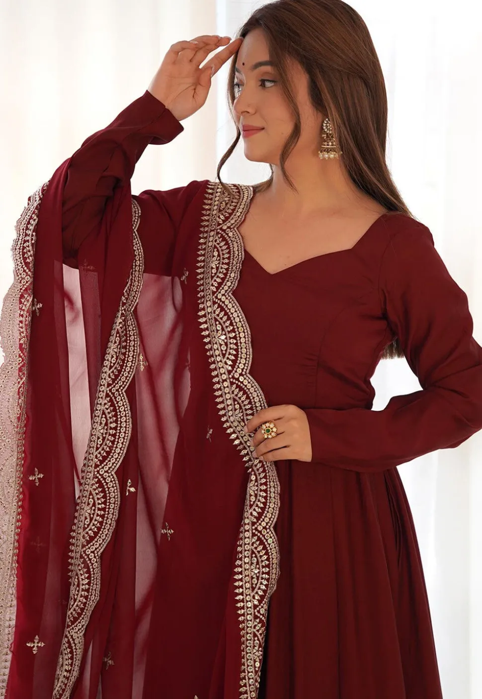 Solid Color Chanderi Silk Abaya Style Suit in Maroon