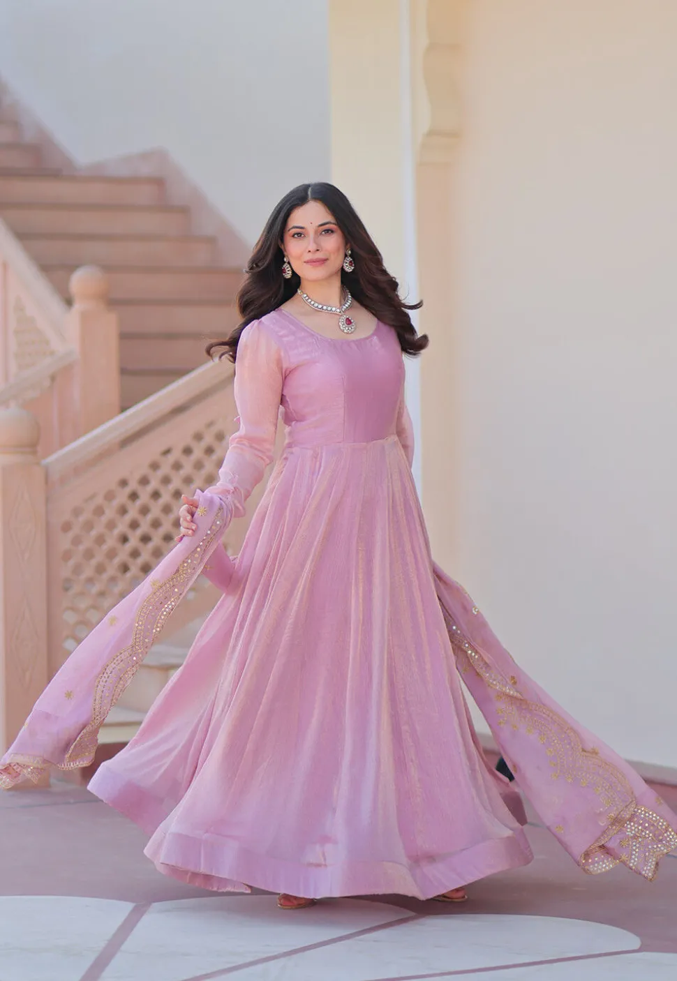 Solid Color Chiffon Abaya Style Suit in Pink