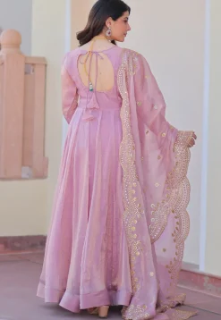 Solid Color Chiffon Abaya Style Suit in Pink