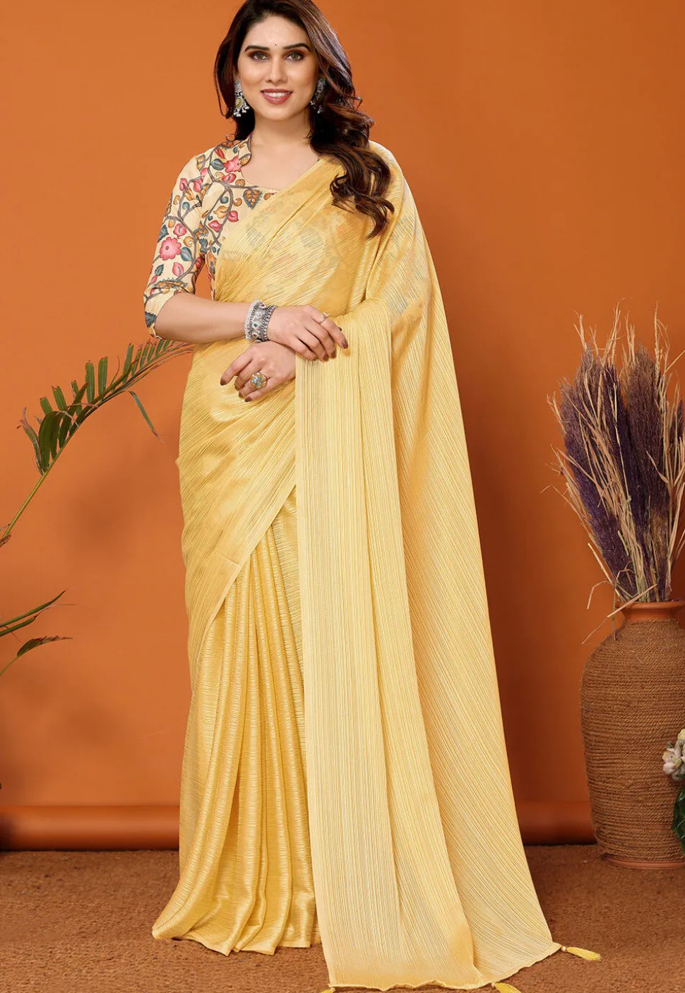 Solid Color Chiffon Brasso Saree in Yellow