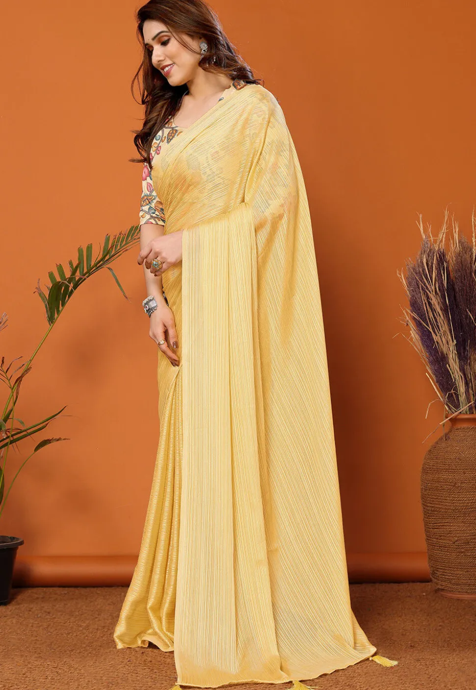Solid Color Chiffon Brasso Saree in Yellow