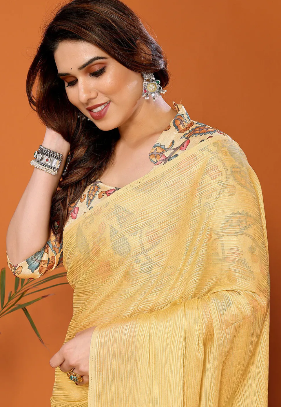 Solid Color Chiffon Brasso Saree in Yellow