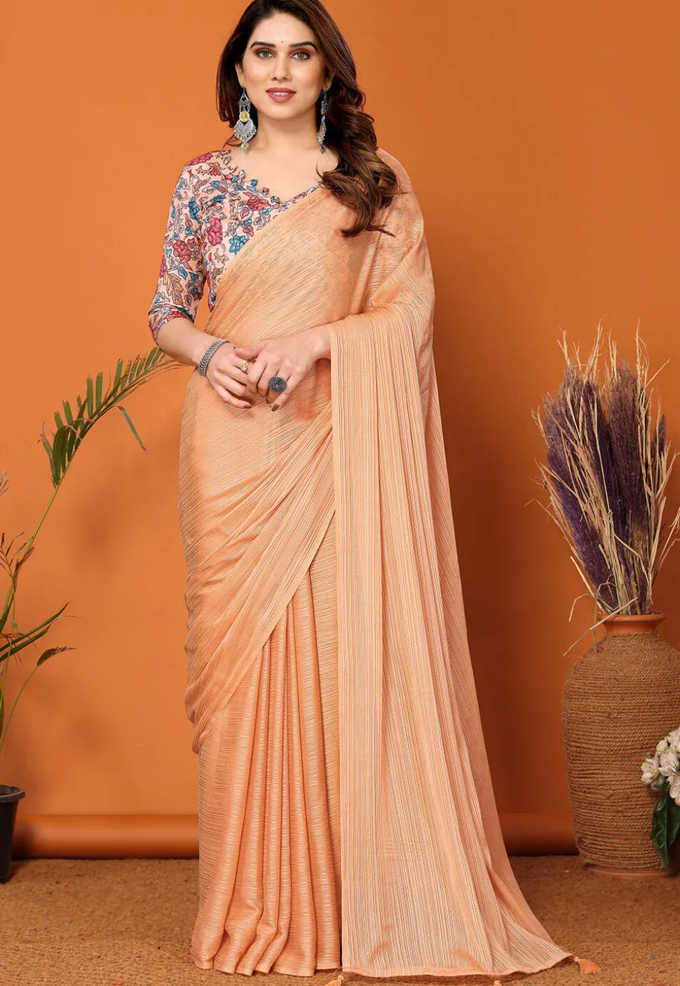 Solid Color Chiffon Brasso Saree in Peach