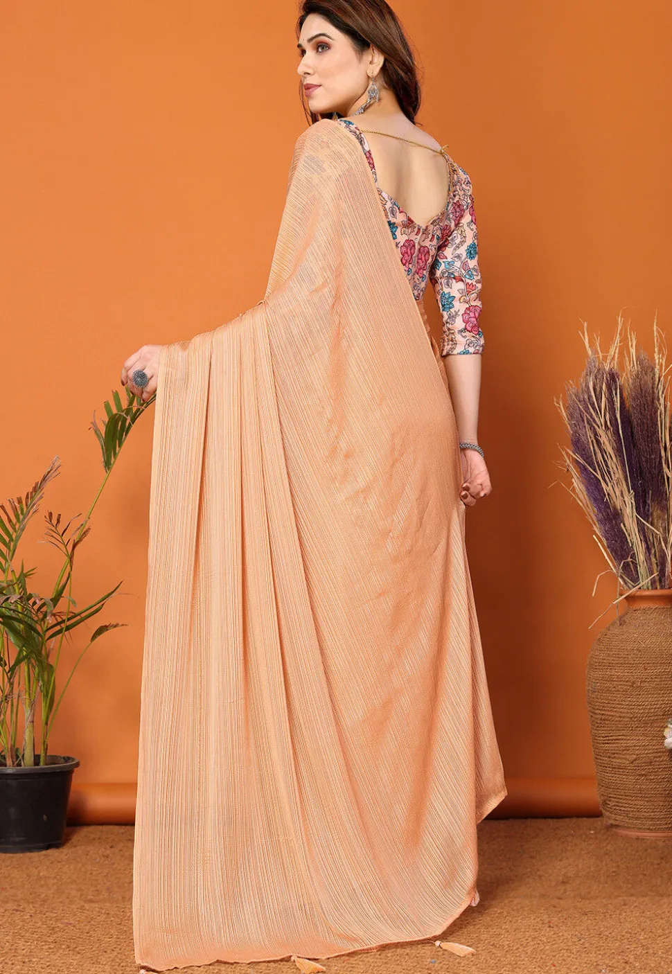 Solid Color Chiffon Brasso Saree in Peach