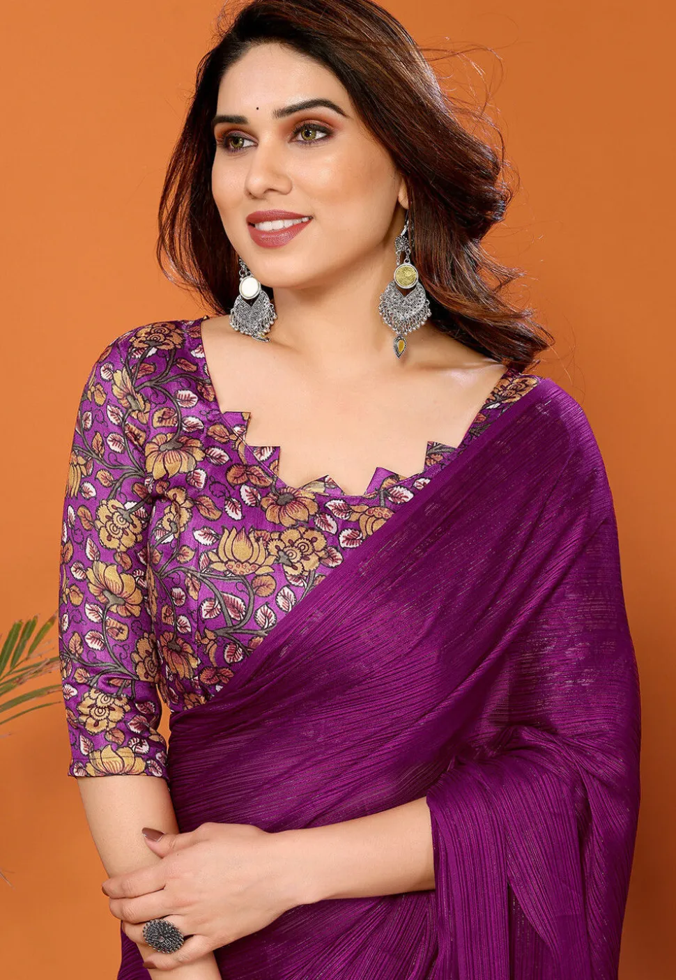 Solid Color Chiffon Brasso Saree in Purple