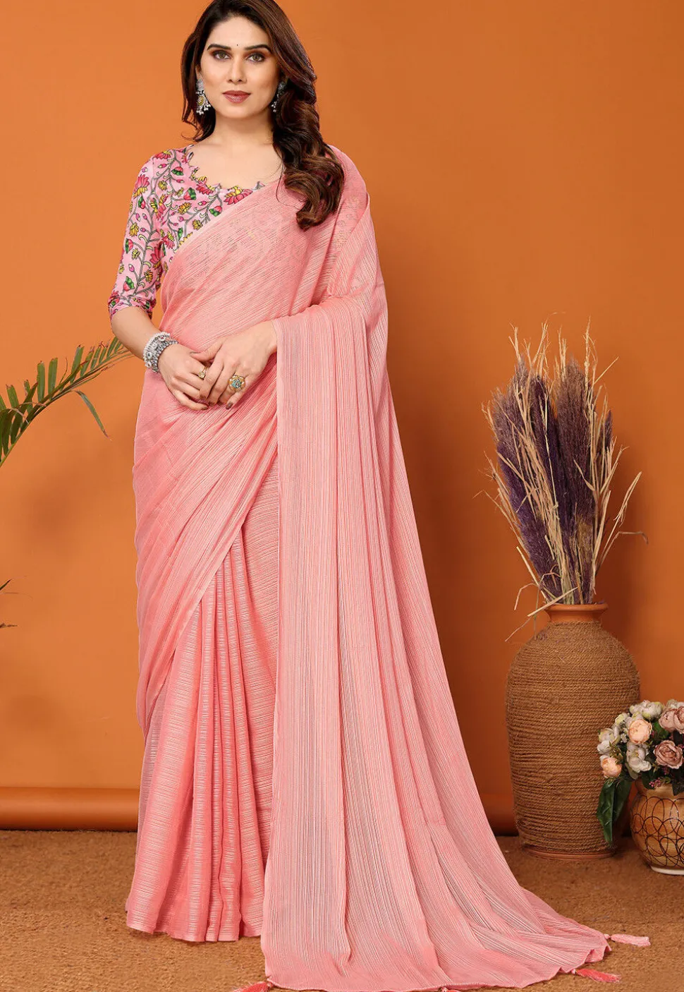 Solid Color Chiffon Brasso Saree in Pink