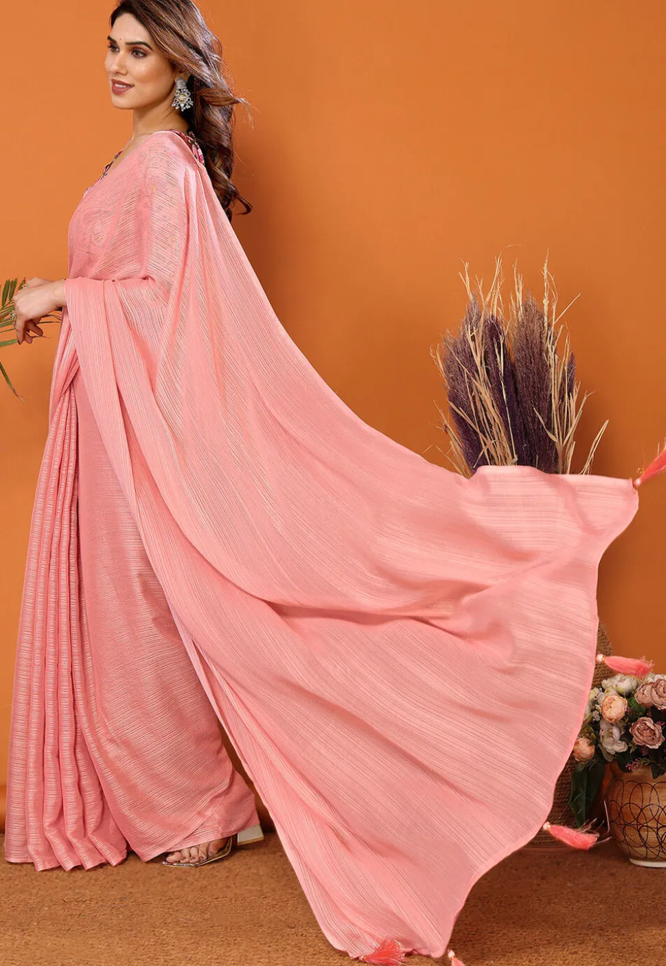 Solid Color Chiffon Brasso Saree in Pink