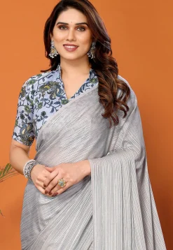Solid Color Chiffon Brasso Saree in Grey