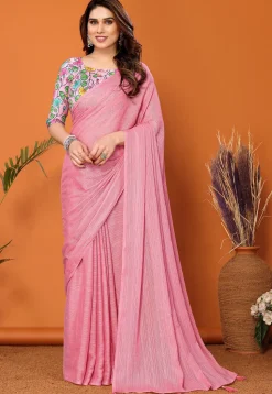 Solid Color Chiffon Brasso Saree in Pink