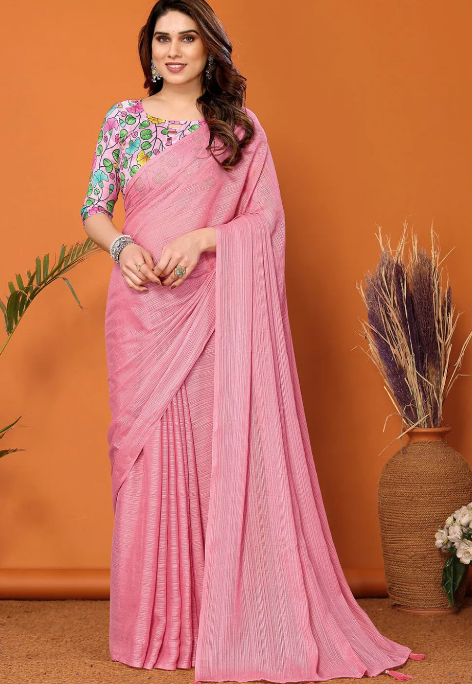 Solid Color Chiffon Brasso Saree in Pink