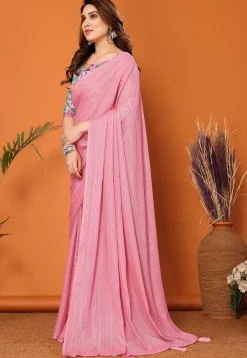 Solid Color Chiffon Brasso Saree in Pink